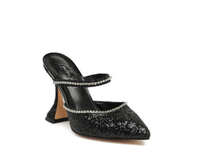 Black glitter spool heel sandal with rhinestone straps