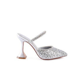 Side view of silver glitter spool heel sandal