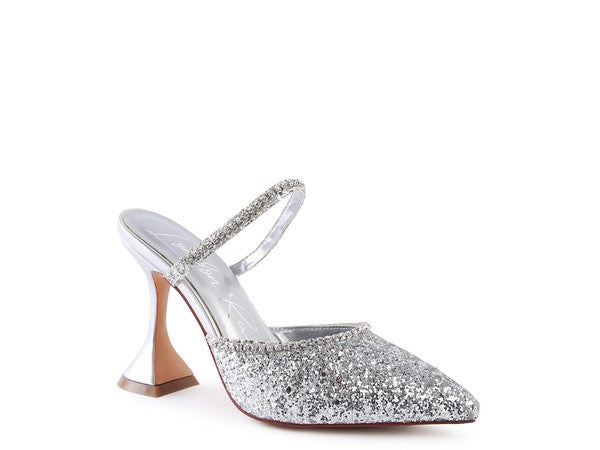 Silver glitter spool heel sandal with rhinestone straps