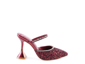 Wine glitter spool heel sandal with rhinestone straps