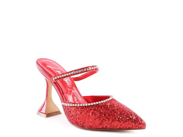 Red glitter spool heel sandal with rhinestone straps