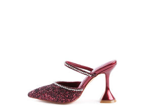 Side view of wine glitter spool heel sandal