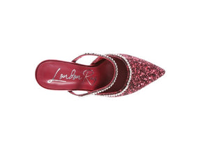 Top view of wine glitter spool heel sandal