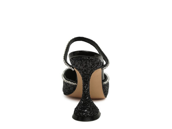 Back view of black glitter spool heel sandal