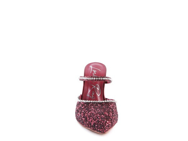 Front view of wine glitter spool heel sandal