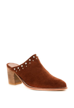 Tan Leslie stacked heel mules with studded design