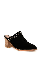 Black Leslie stacked heel mules with studded design