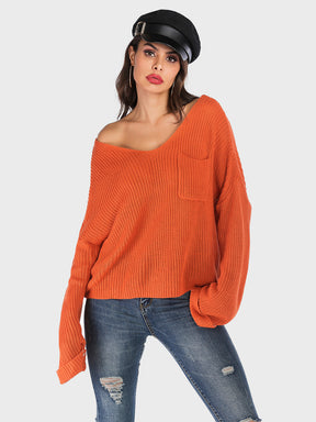 Orange V-neck dropped shoulder sweater, front view