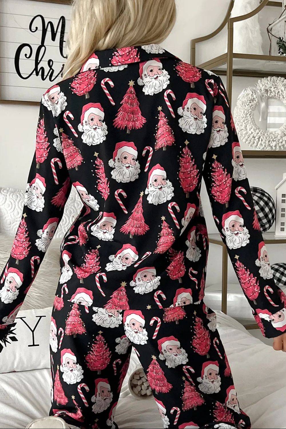 Back view of Christmas printed lounge set with festive patterns