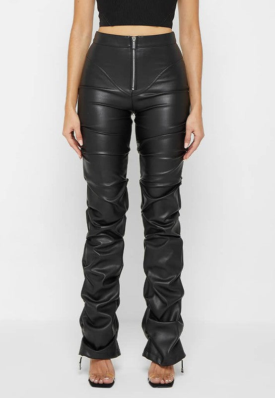 Front view of sexy PU leather pants, high waist, skinny fit