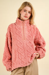 Pink fuzzy fleece half zip sweatshirt with cable pattern