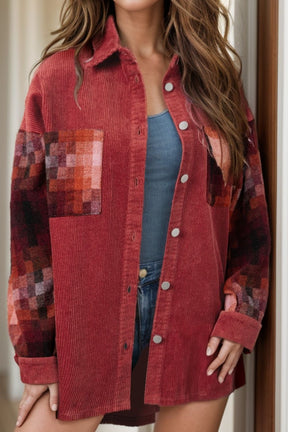 Burgundy button up long sleeve jacket with boho style.