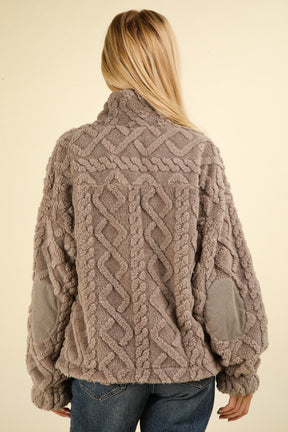 Fuzzy fleece half zip sweatshirt with cable pattern back view