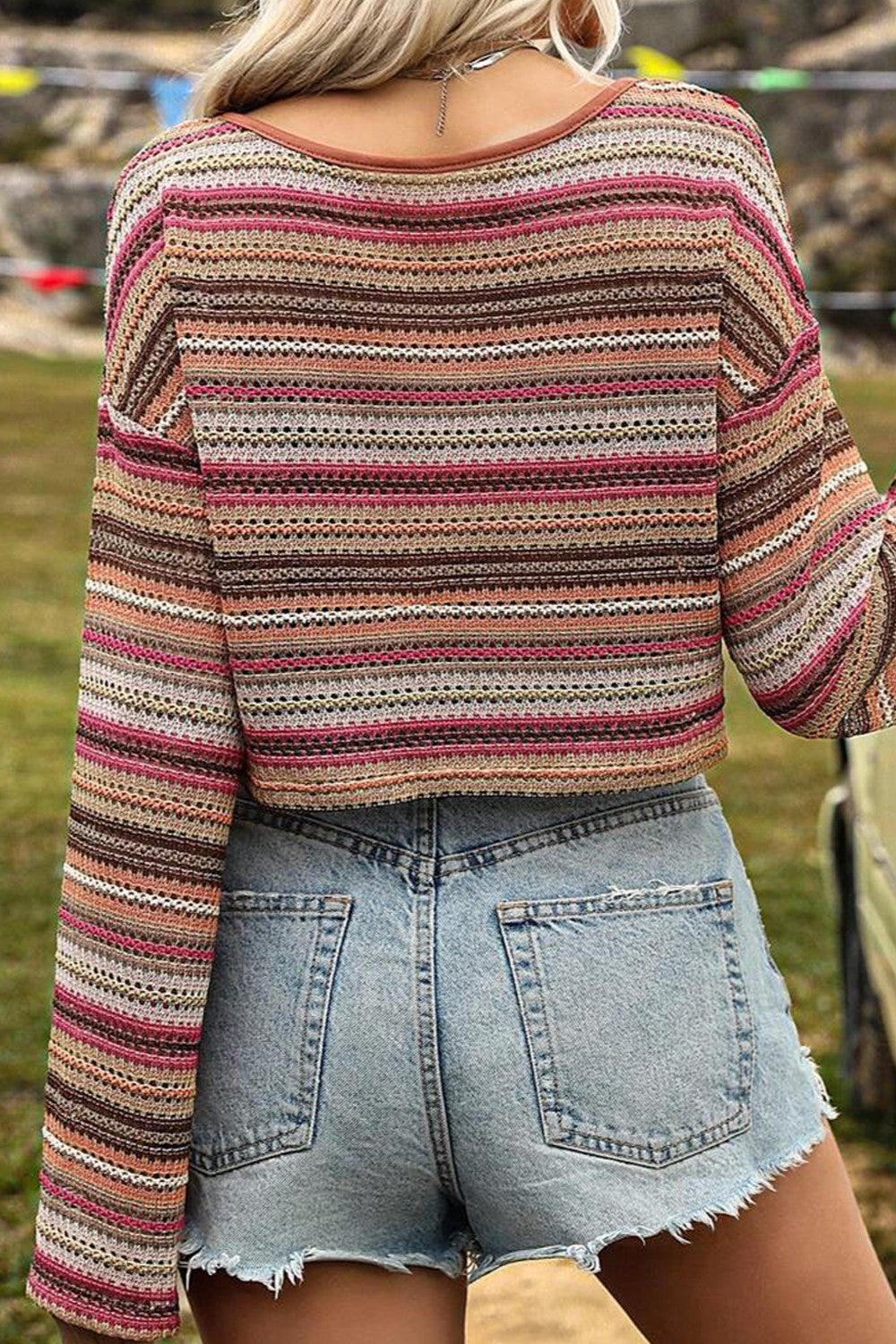 Striped round neck long sleeve blouse back view