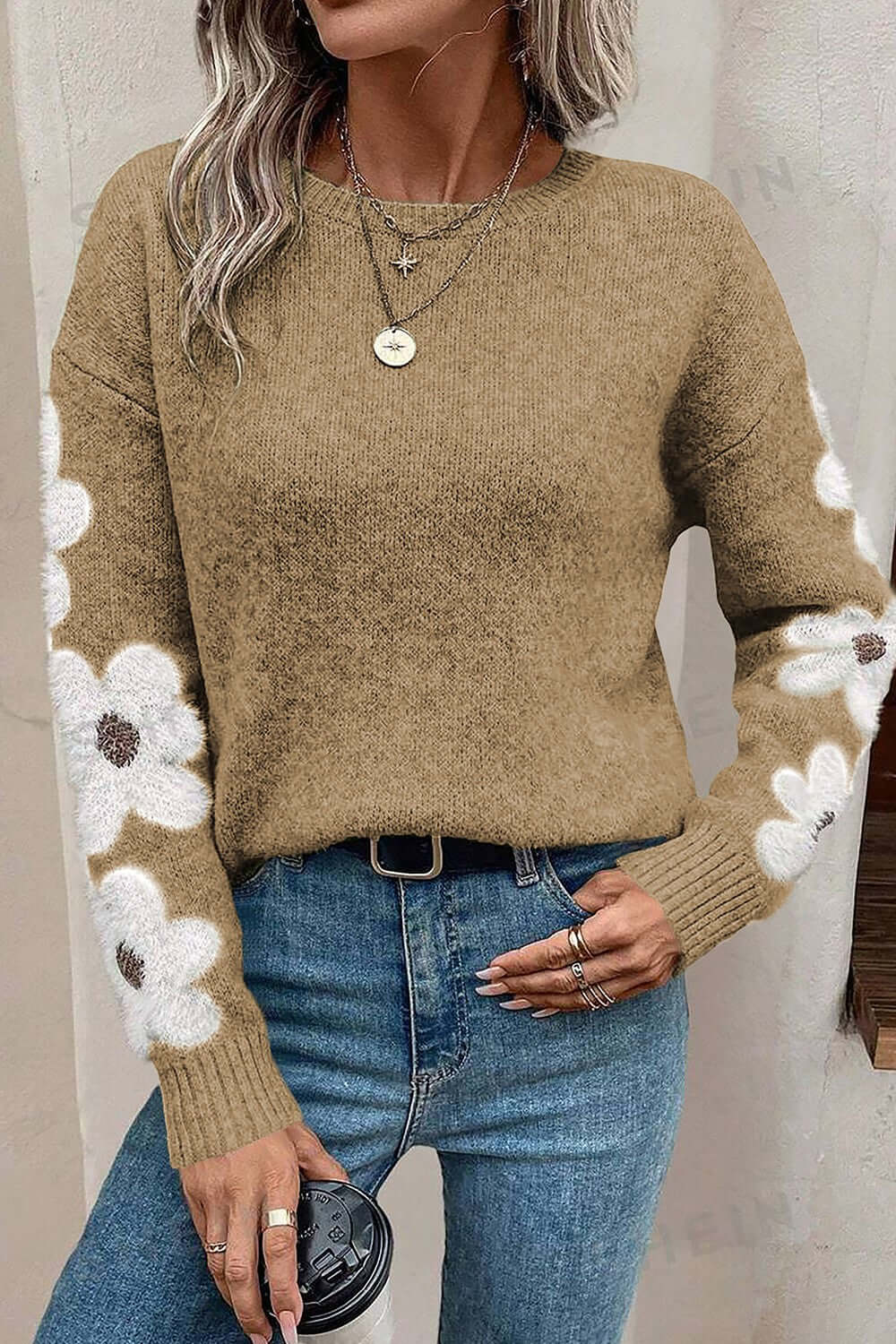 Brown flower round neck long sleeve sweater