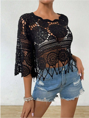 Black openwork round neck cover-up with intricate design