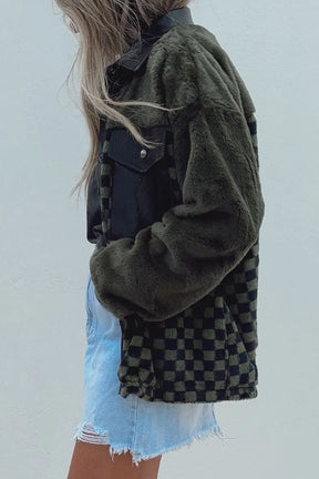 Side view of checkered collared neck jacket in green.