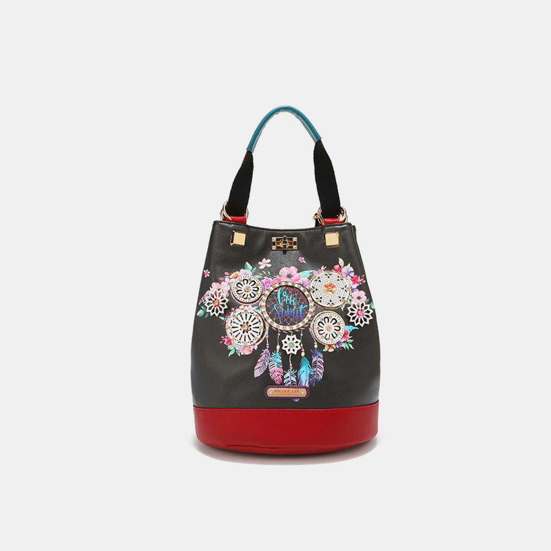 Nicole Lee USA bucket bag with floral dreamcatcher design