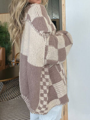 Side view of mocha plaid cardigan with open front design.