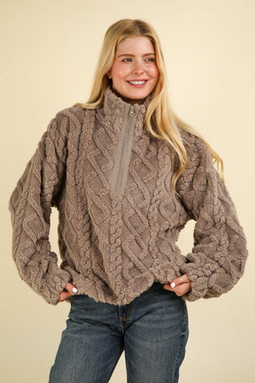 Fuzzy fleece half zip sweatshirt with cable pattern front view