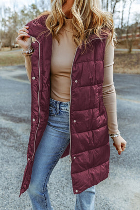 Burgundy longline hooded sleeveless puffer vest, front view