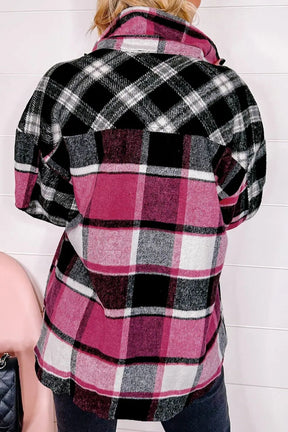 Pocketed plaid collared neck long sleeve shacket, back view