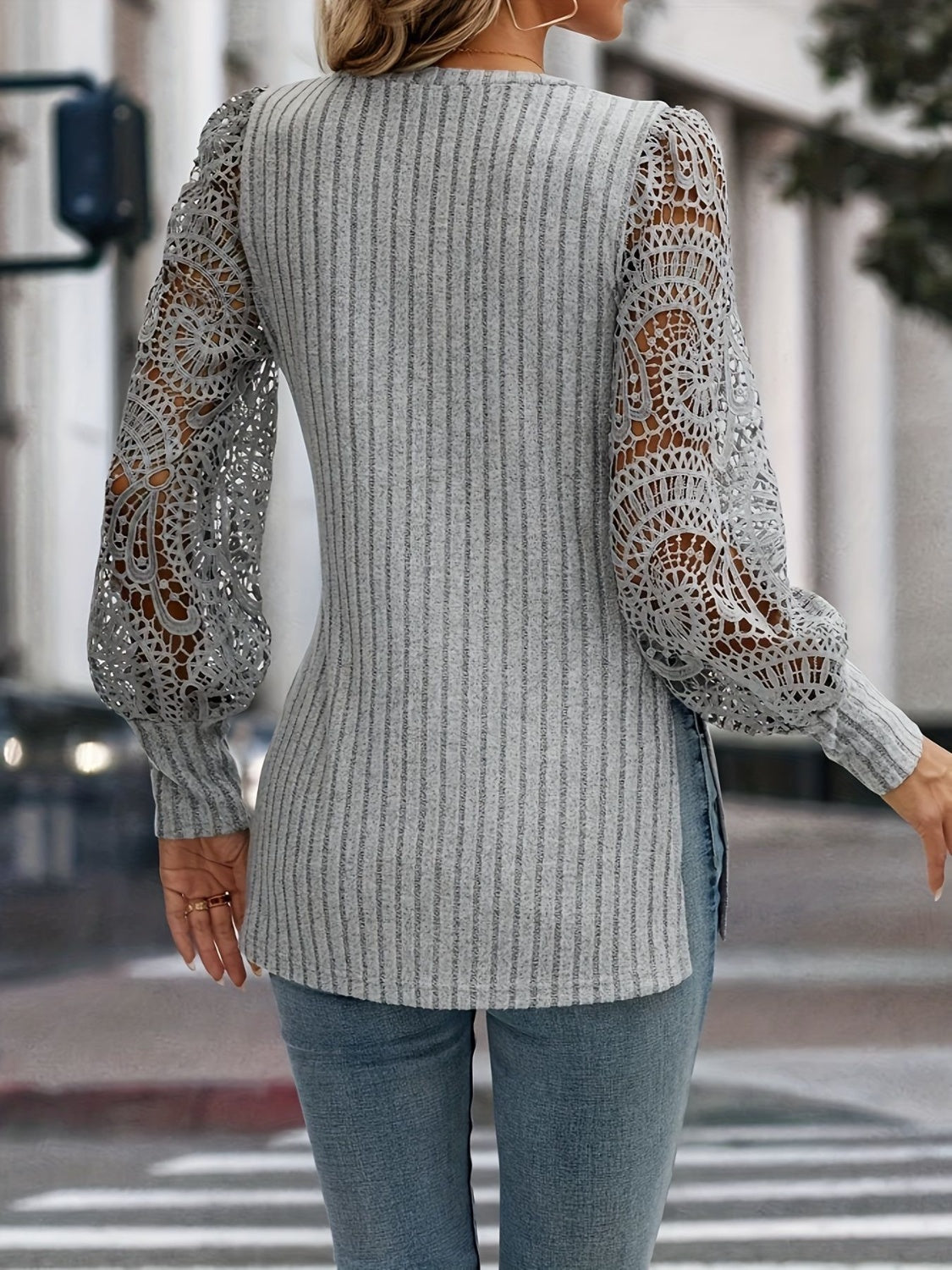 Slit Round Neck Lace Long Sleeve T-Shirt