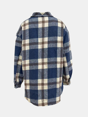 Back view of plaid collared neck long sleeve jacket.