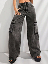 Black wide leg jeans with pockets, front view