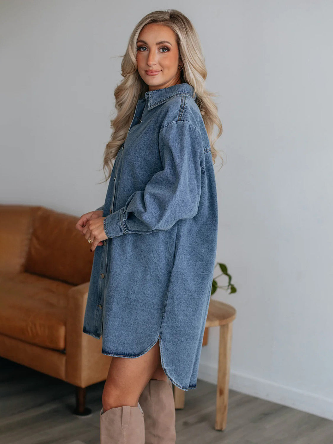 Button up collared neck long sleeve denim dress side view