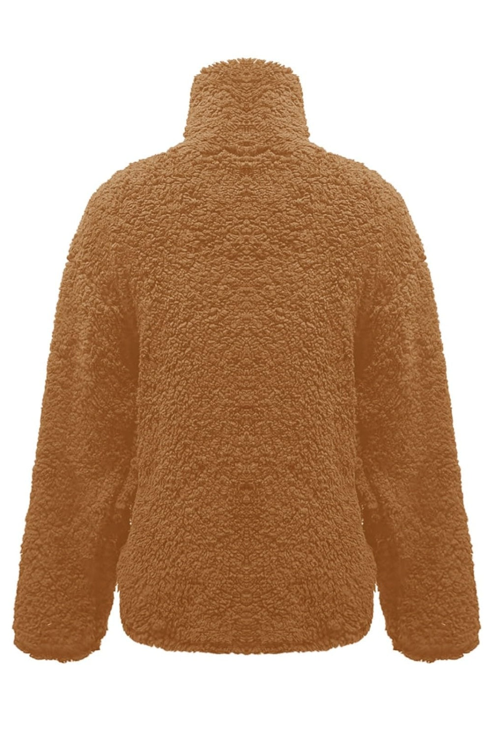 Caramel fuzzy turtleneck long sleeve sweatshirt back view