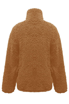 Caramel fuzzy turtleneck long sleeve sweatshirt back view