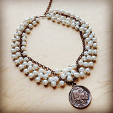 Pearl and copper necklace with coin pendant