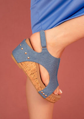 Blue denim Hannah wedge sandals with cork sole and velcro closure