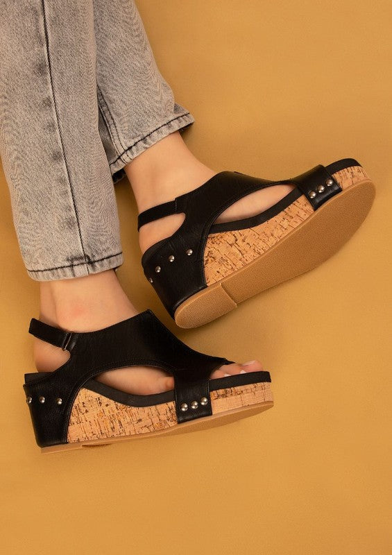 Black Hannah wedge sandals with cork sole and velcro closure