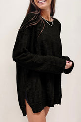 Black waffle knit oversized top with drop sleeves and side slits