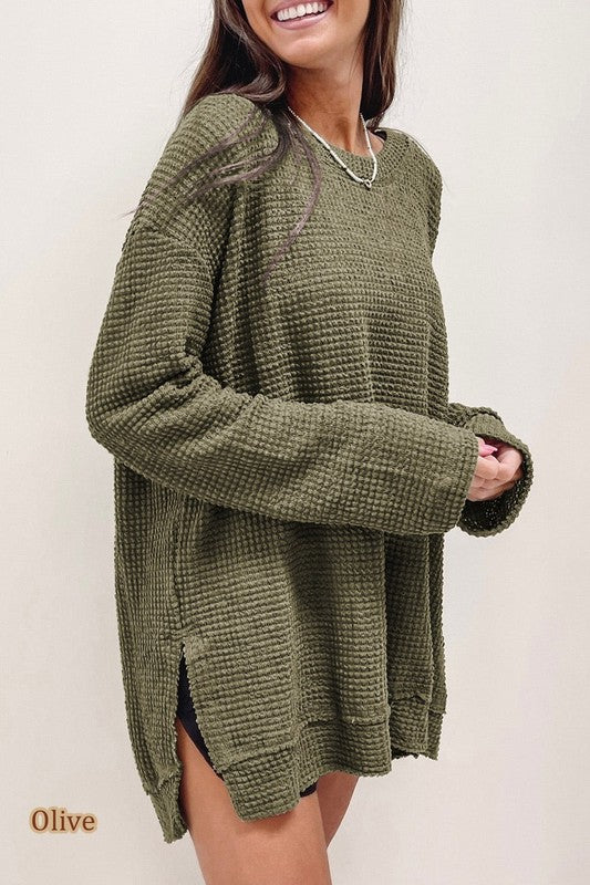 Olive waffle knit oversized top with drop sleeves and side slits