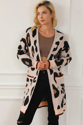 Leopard open front long sleeve cardigan, front view