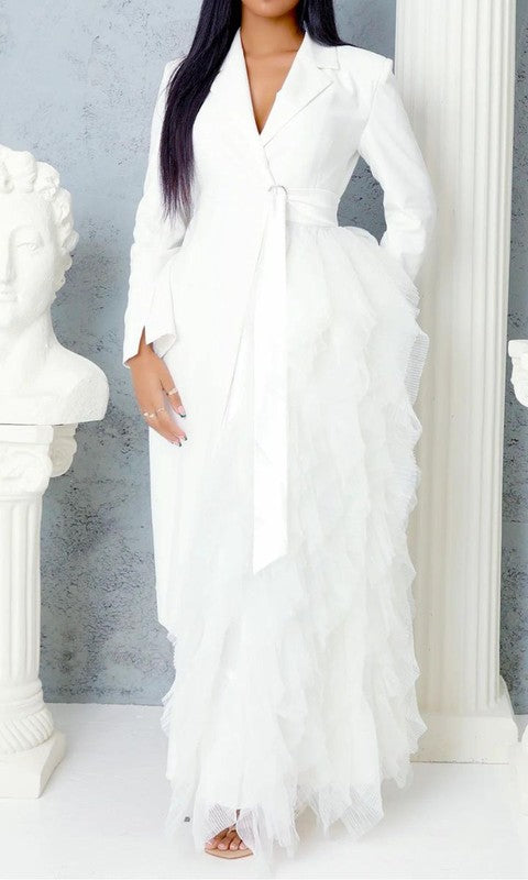 White Cascade Tuxedo Gown with ruffle skirt