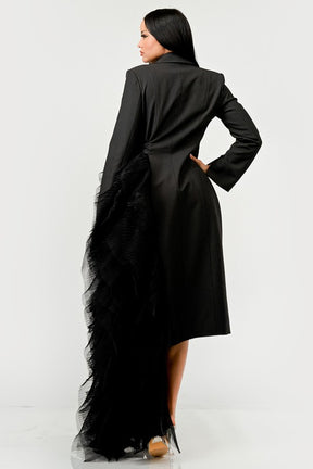 Back view of Noir Cascade Tuxedo Gown with ruffle detail