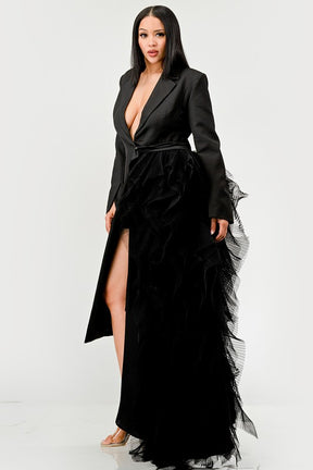 Elegant Noir Cascade Tuxedo Gown side view