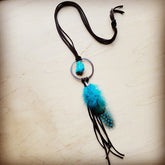 Brown leather necklace with turquoise chunk and feather