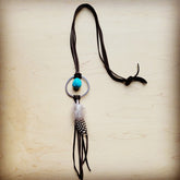 Brown leather necklace with blue turquoise and feather