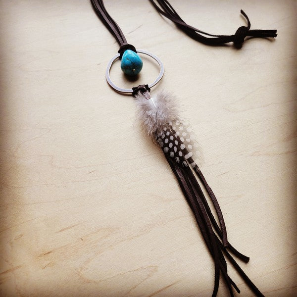 Close-up of brown leather necklace with turquoise and feather