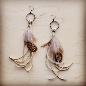 Boho bone deer skin leather tassel earrings with feathers