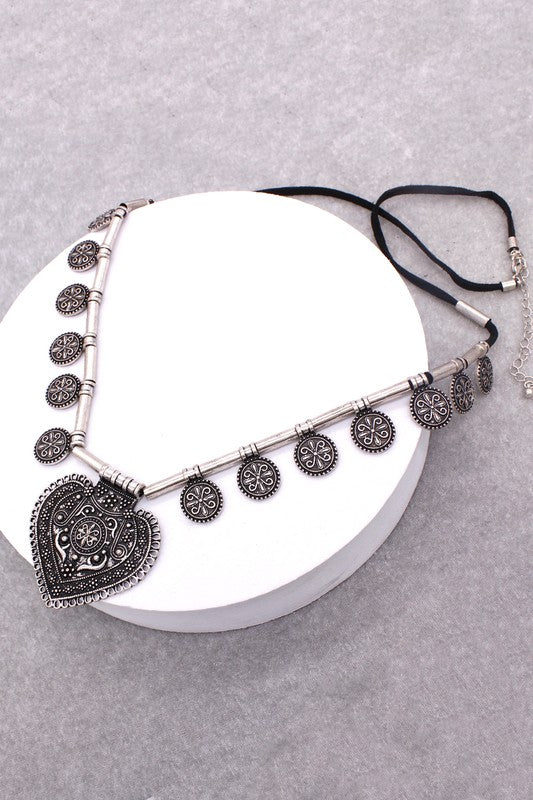 Antique Bohemian statement necklace with silver heart pendant