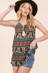 Boho front tie sleeveless woven top with multicolor pattern