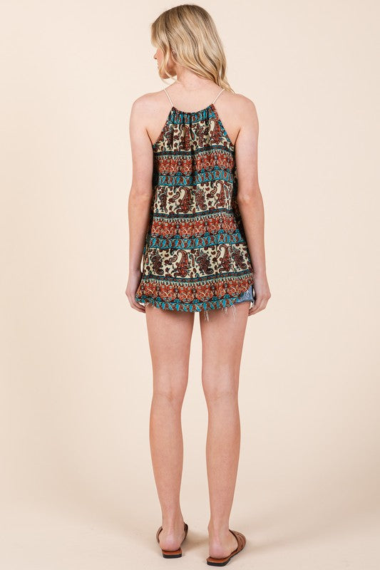 Back view of boho front tie sleeveless woven top