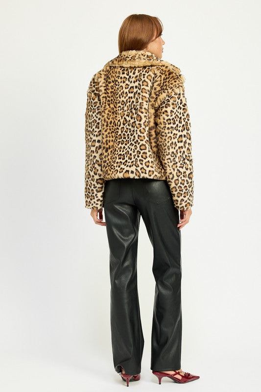 Back view of cozy animal print furry jacket