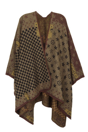 Geometric pattern poncho with star and checkered design